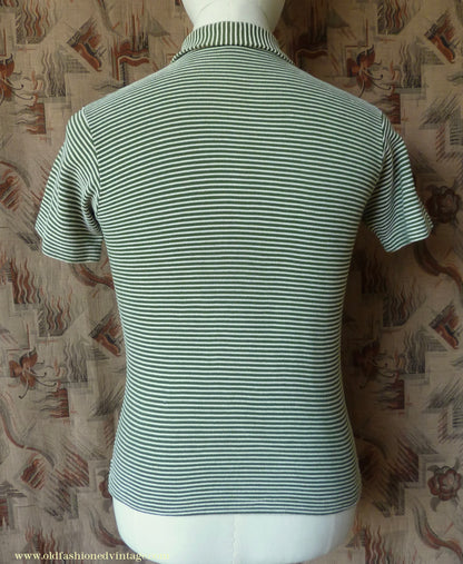 Vintage Mens 1950s "Hyclad" Polo Shirt Cotton Jersey Short Sleeved Summer T Green White Striped 38"