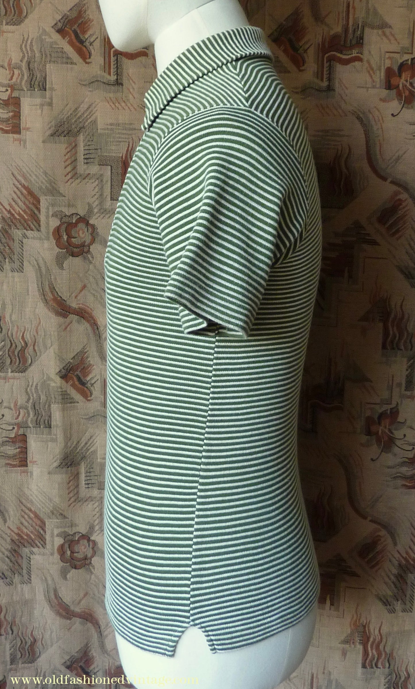 Vintage Mens 1950s "Hyclad" Polo Shirt Cotton Jersey Short Sleeved Summer T Green White Striped 38"