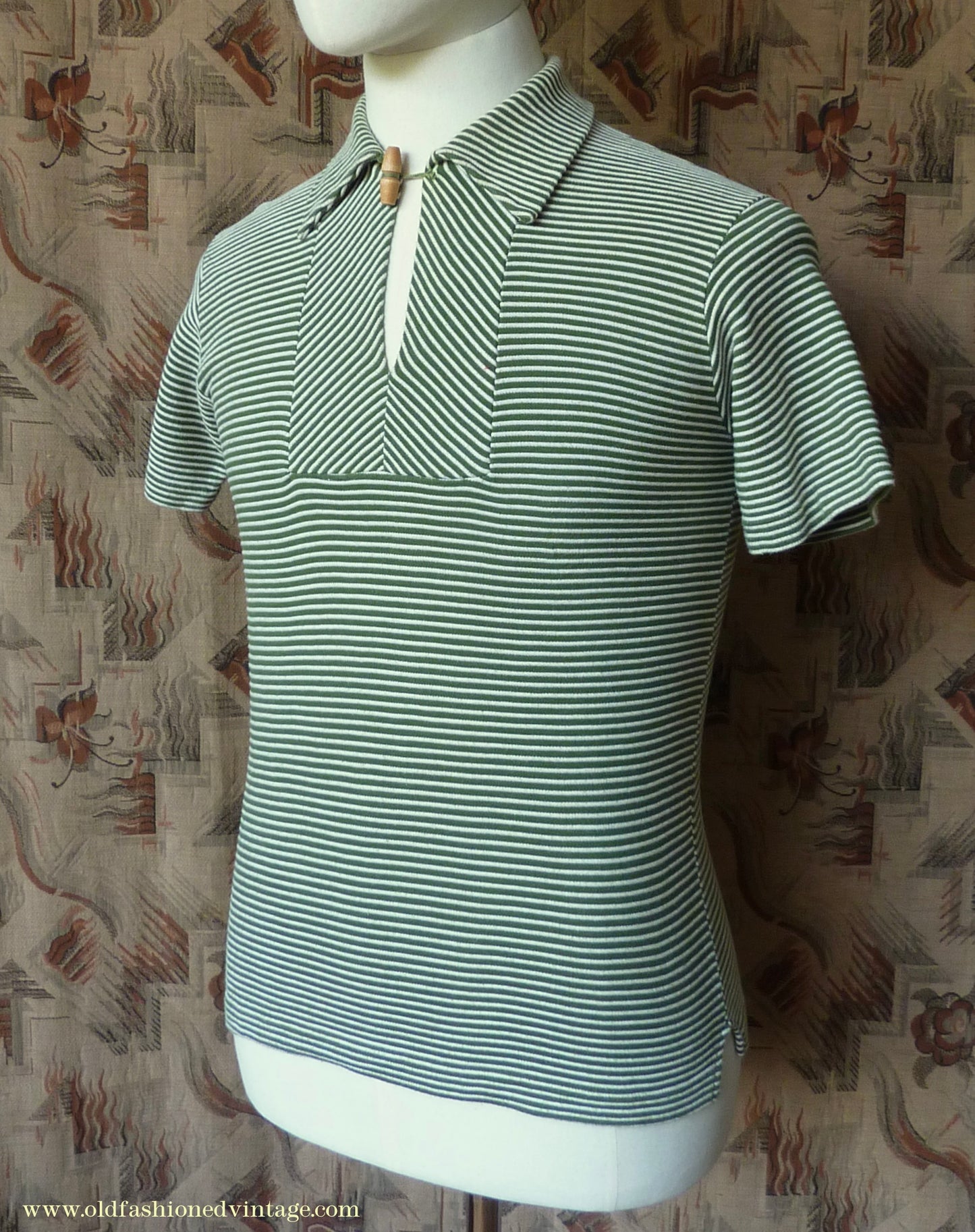 Vintage Mens 1950s "Hyclad" Polo Shirt Cotton Jersey Short Sleeved Summer T Green White Striped 38"