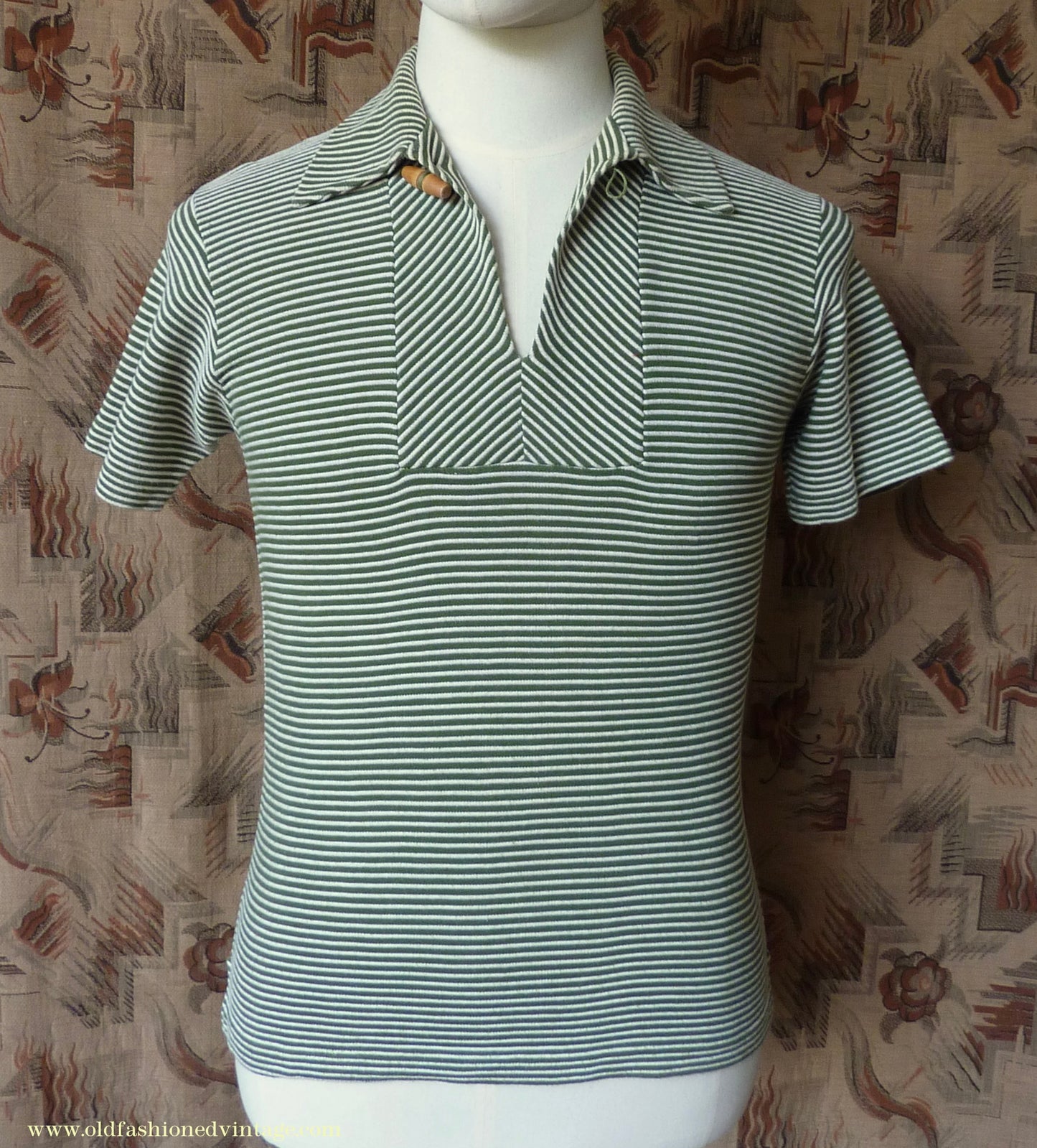 Vintage Mens 1950s "Hyclad" Polo Shirt Cotton Jersey Short Sleeved Summer T Green White Striped 38"
