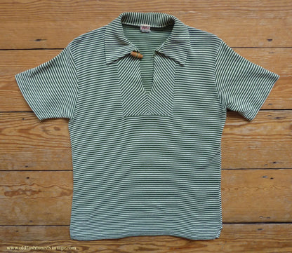 Vintage Mens 1950s "Hyclad" Polo Shirt Cotton Jersey Short Sleeved Summer T Green White Striped 38"
