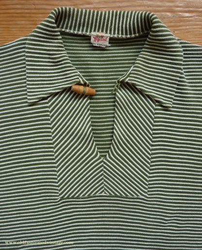 Vintage Mens 1950s "Hyclad" Polo Shirt Cotton Jersey Short Sleeved Summer T Green White Striped 38"