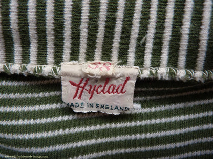 Vintage Mens 1950s "Hyclad" Polo Shirt Cotton Jersey Short Sleeved Summer T Green White Striped 38"