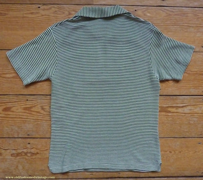 Vintage Mens 1950s "Hyclad" Polo Shirt Cotton Jersey Short Sleeved Summer T Green White Striped 38"