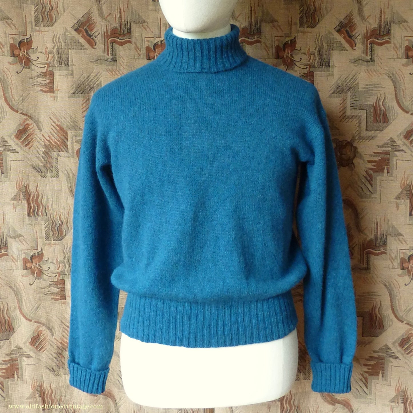 Old Fashioned Garments Vintage Reproduction 1940s Mens Roll Neck Jumper Cobalt Blue Melange Polo Turtle Sweater M