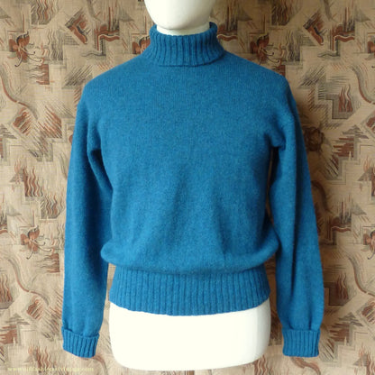 Old Fashioned Garments Vintage Reproduction 1940s Mens Roll Neck Jumper Cobalt Blue Melange Polo Turtle Sweater M