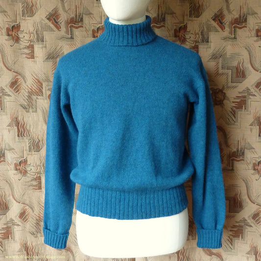 Old Fashioned Garments Vintage Reproduction 1940s Mens Roll Neck Jumper Cobalt Blue Melange Polo Turtle Sweater M