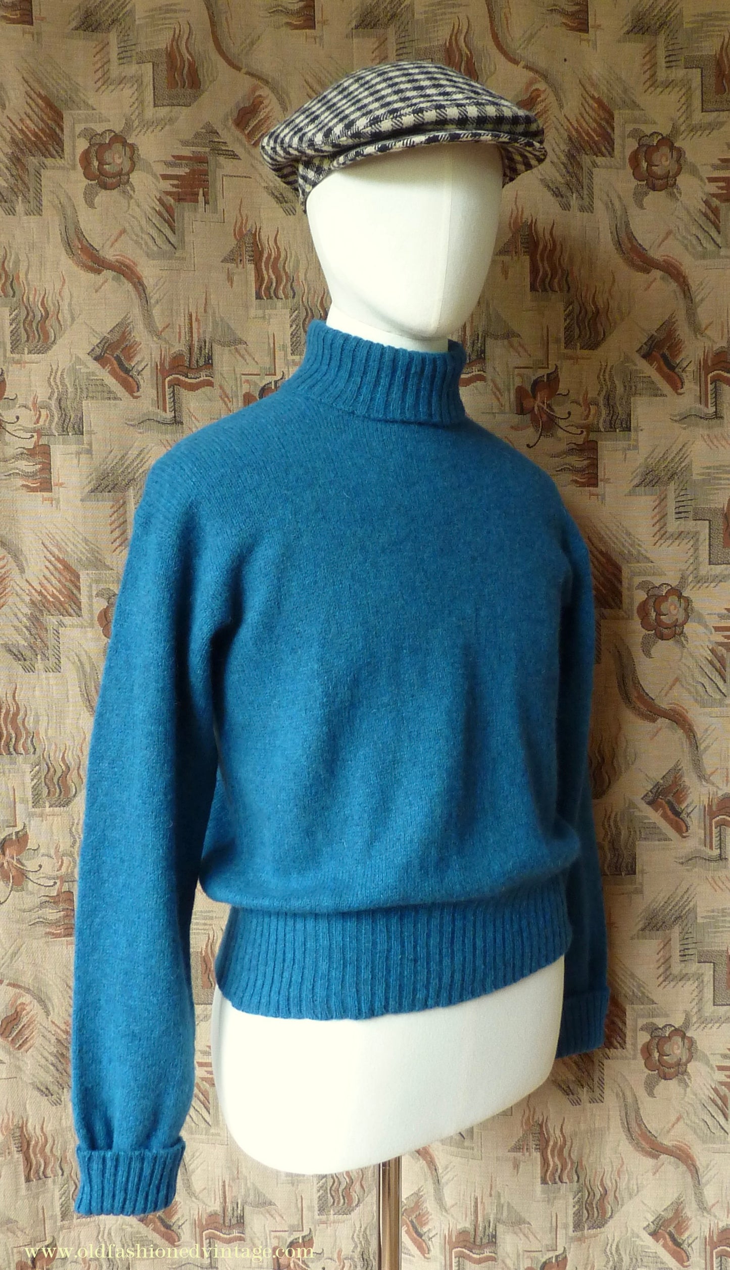 Old Fashioned Garments Vintage Reproduction 1940s Mens Roll Neck Jumper Cobalt Blue Melange Polo Turtle Sweater M