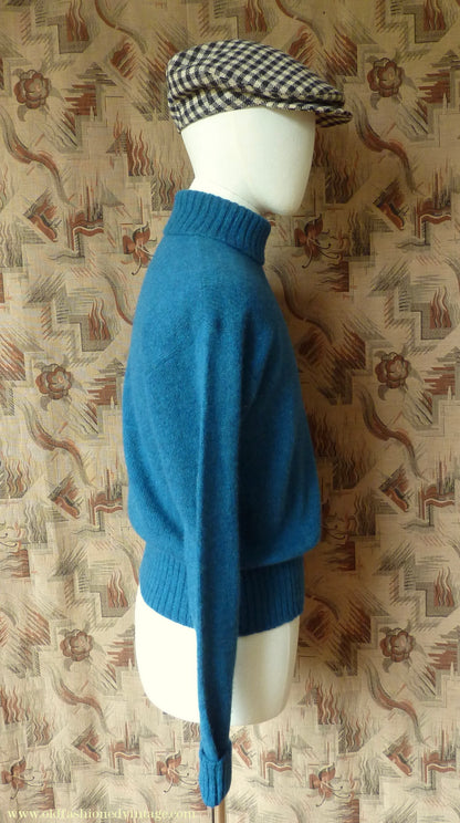 Old Fashioned Garments Vintage Reproduction 1940s Mens Roll Neck Jumper Cobalt Blue Melange Polo Turtle Sweater M