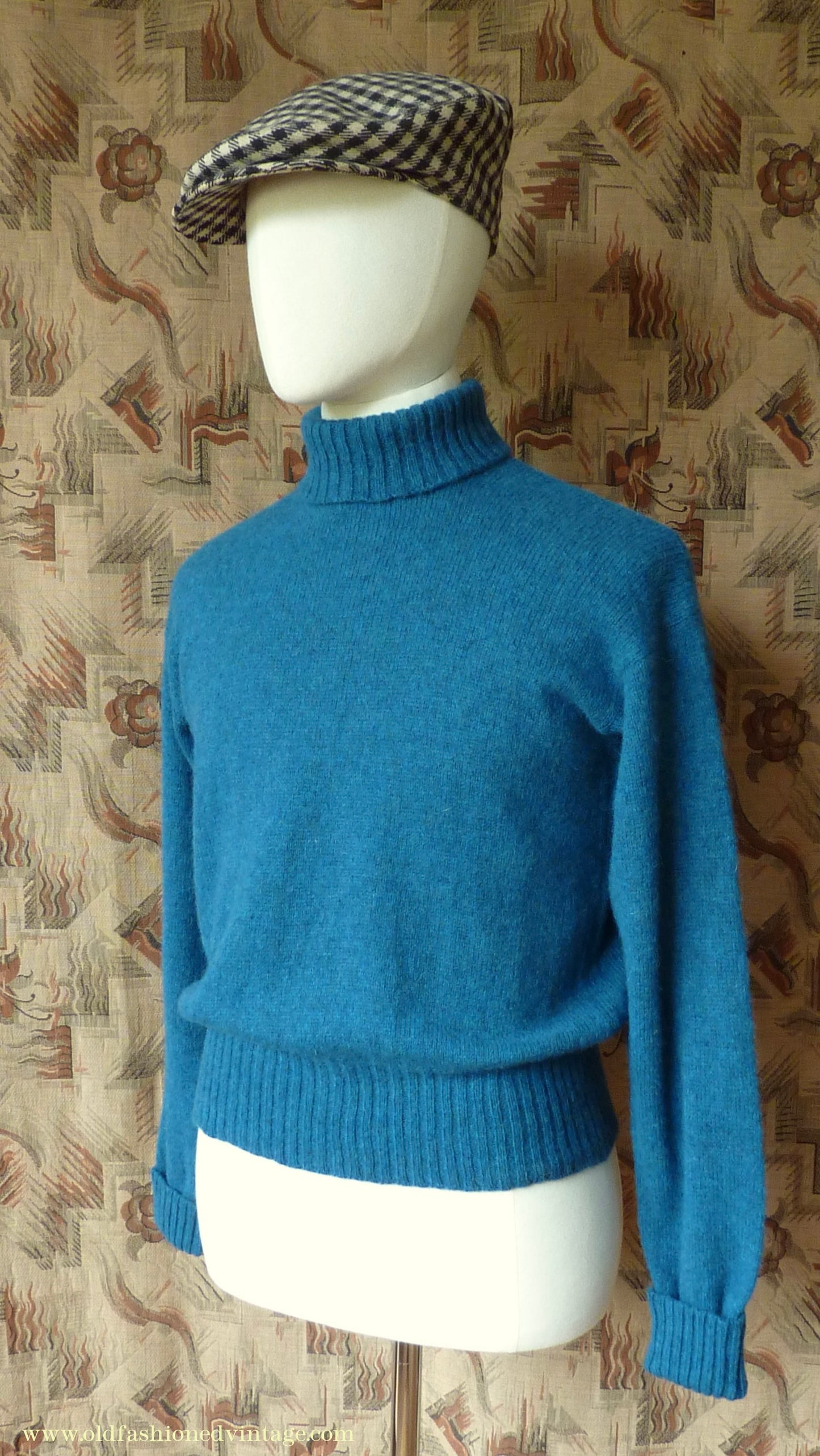 Old Fashioned Garments Vintage Reproduction 1940s Mens Roll Neck Jumper Cobalt Blue Melange Polo Turtle Sweater M