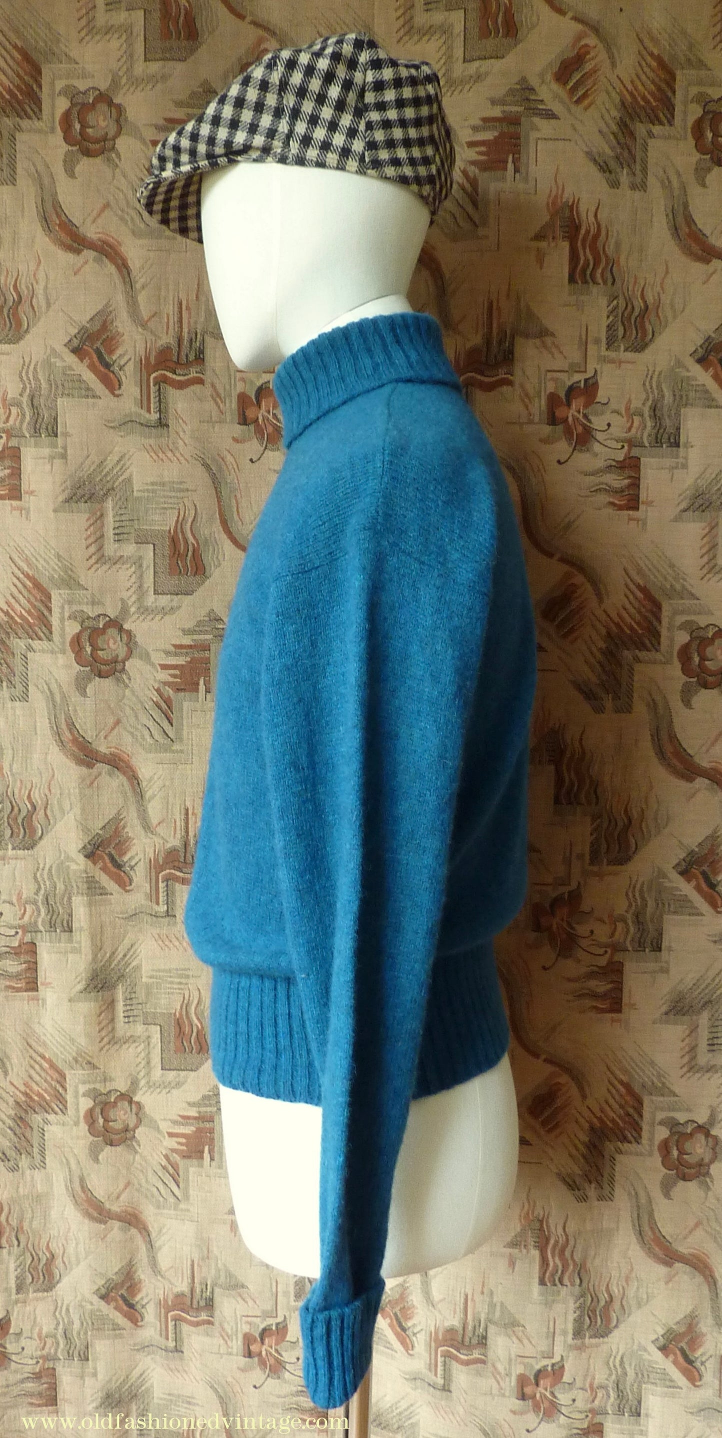 Old Fashioned Garments Vintage Reproduction 1940s Mens Roll Neck Jumper Cobalt Blue Melange Polo Turtle Sweater M