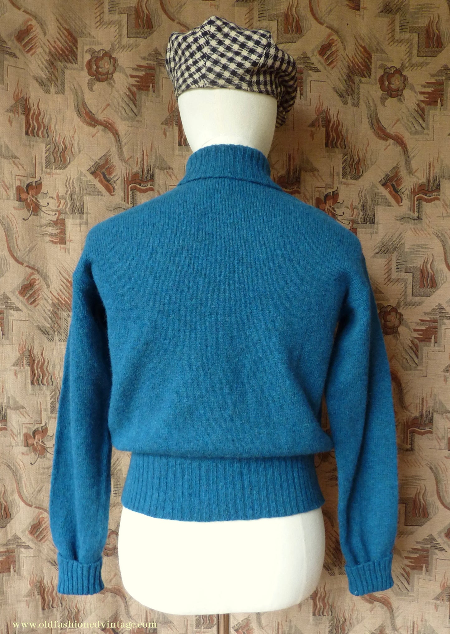 Old Fashioned Garments Vintage Reproduction 1940s Mens Roll Neck Jumper Cobalt Blue Melange Polo Turtle Sweater M