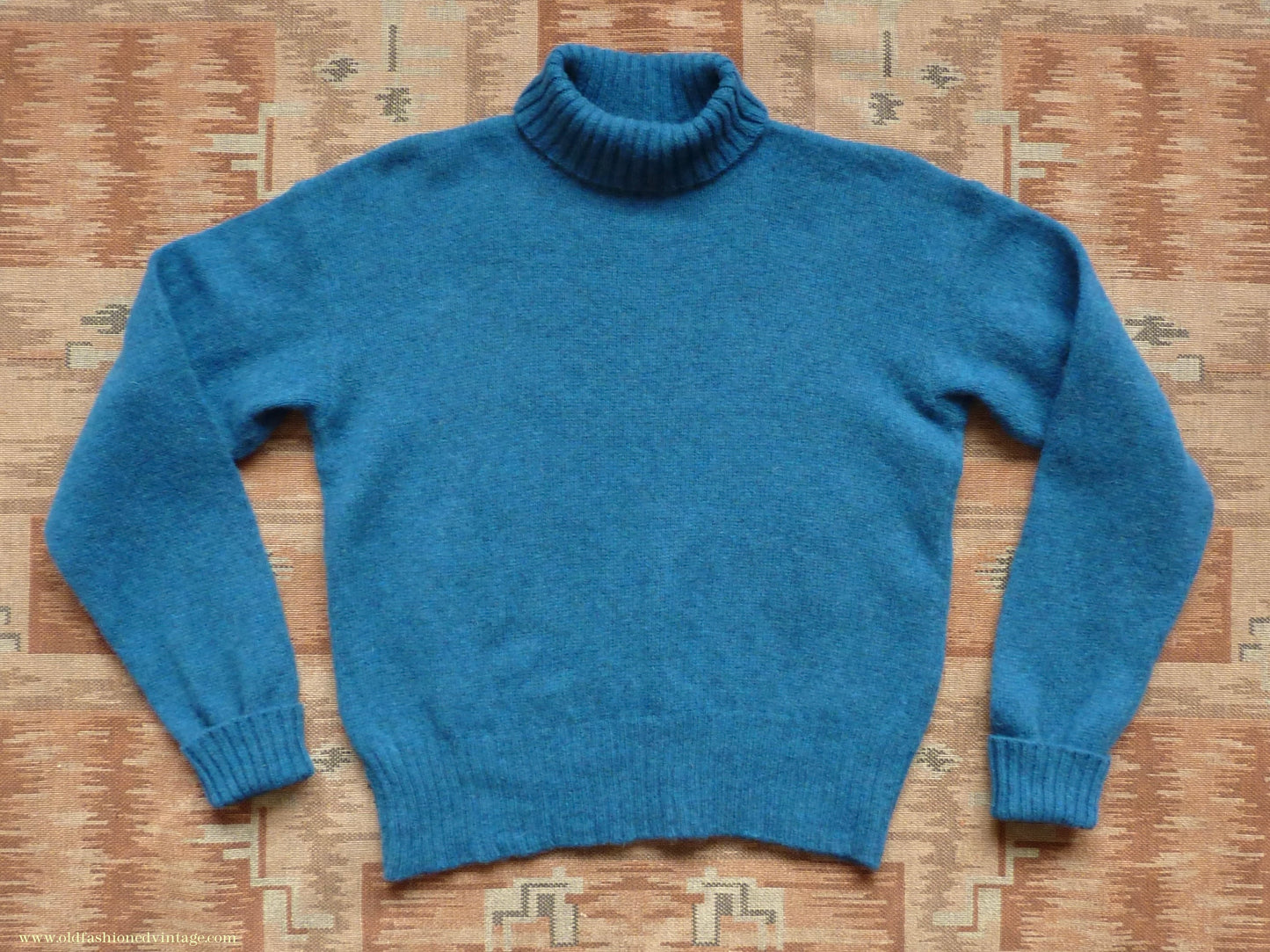 Old Fashioned Garments Vintage Reproduction 1940s Mens Roll Neck Jumper Cobalt Blue Melange Polo Turtle Sweater M