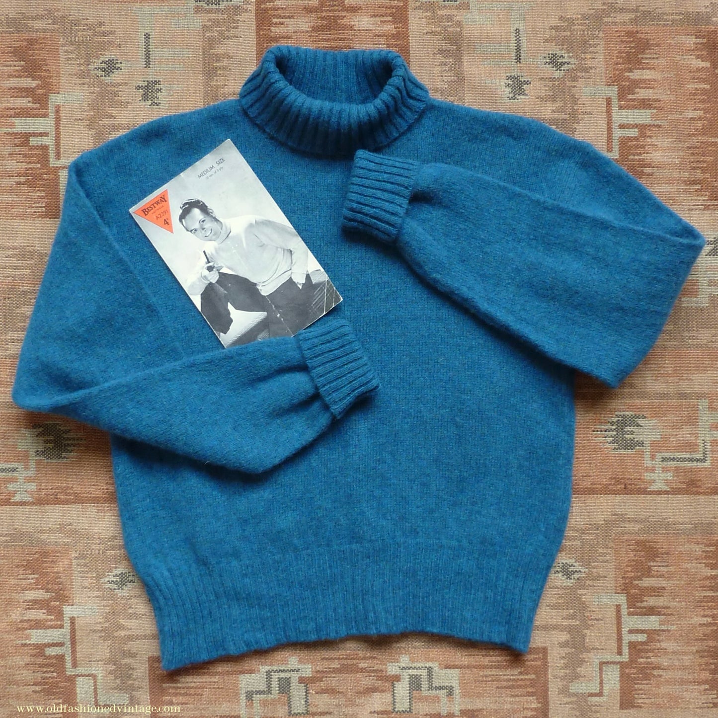 Old Fashioned Garments Vintage Reproduction 1940s Mens Roll Neck Jumper Cobalt Blue Melange Polo Turtle Sweater M