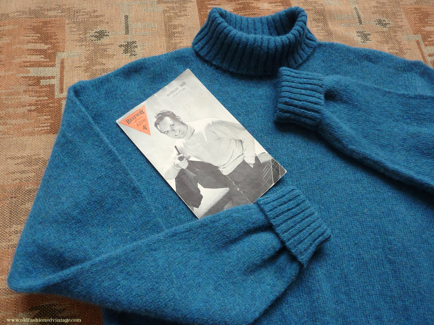 Old Fashioned Garments Vintage Reproduction 1940s Mens Roll Neck Jumper Cobalt Blue Melange Polo Turtle Sweater M