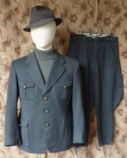 Vintage Mens 1940s 1950s Sports Suit Back Belted Jacket & Breeches Grey Wool 38" Short