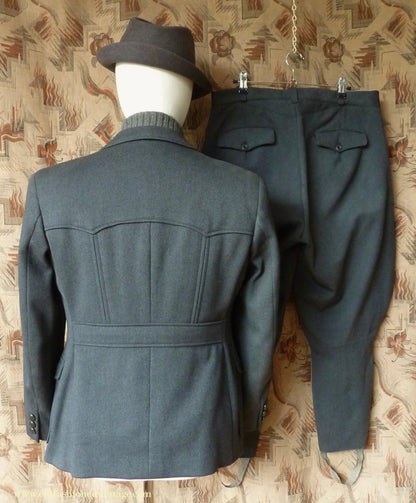 Vintage Mens 1940s 1950s Sports Suit Back Belted Jacket & Breeches Grey Wool 38" Short