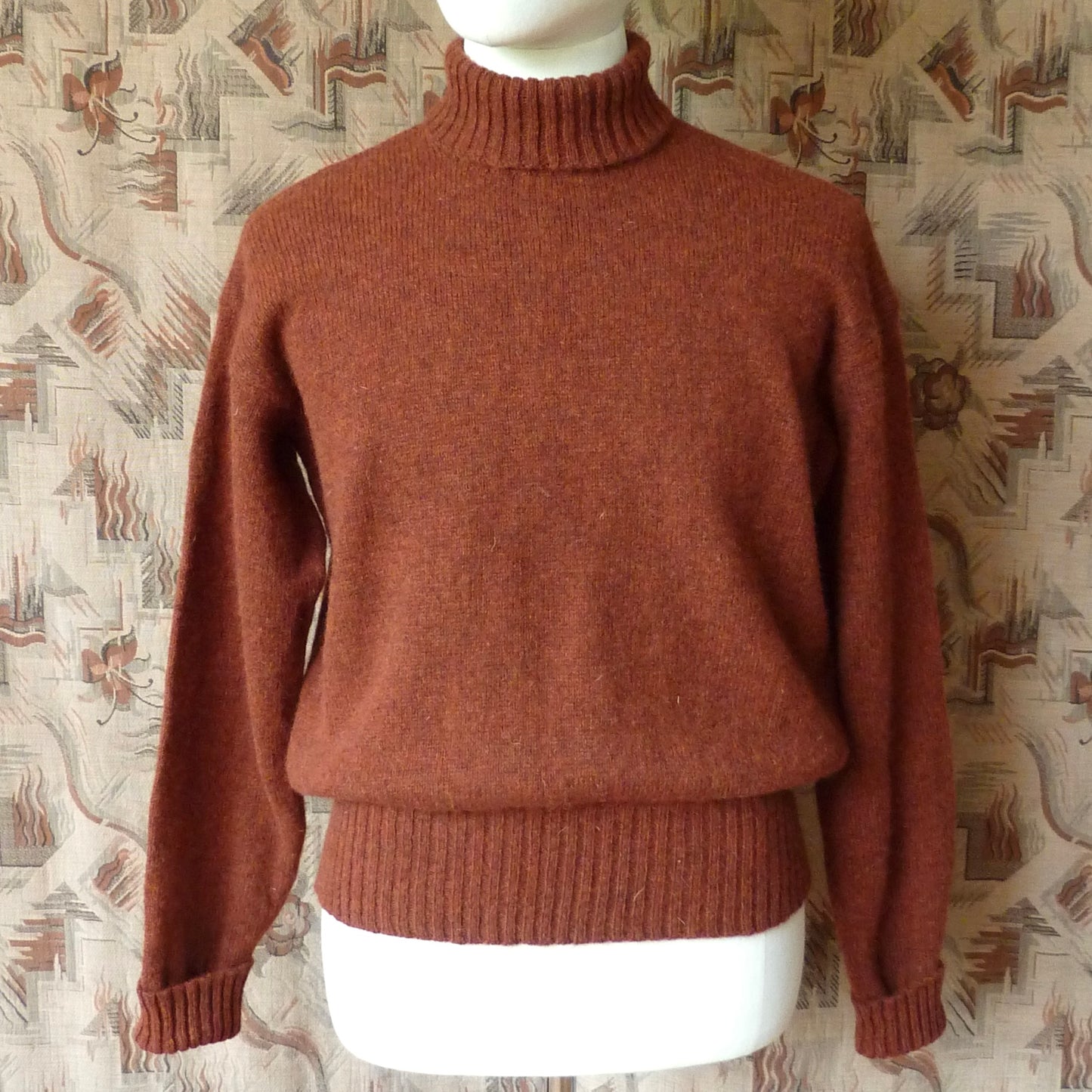Old Fashioned Garments Vintage Reproduction 1940s Mens Roll Neck Jumper Rust Melange Polo Turtle Sweater L
