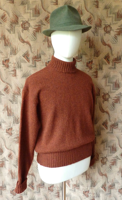 Old Fashioned Garments Vintage Reproduction 1940s Mens Roll Neck Jumper Rust Melange Polo Turtle Sweater L