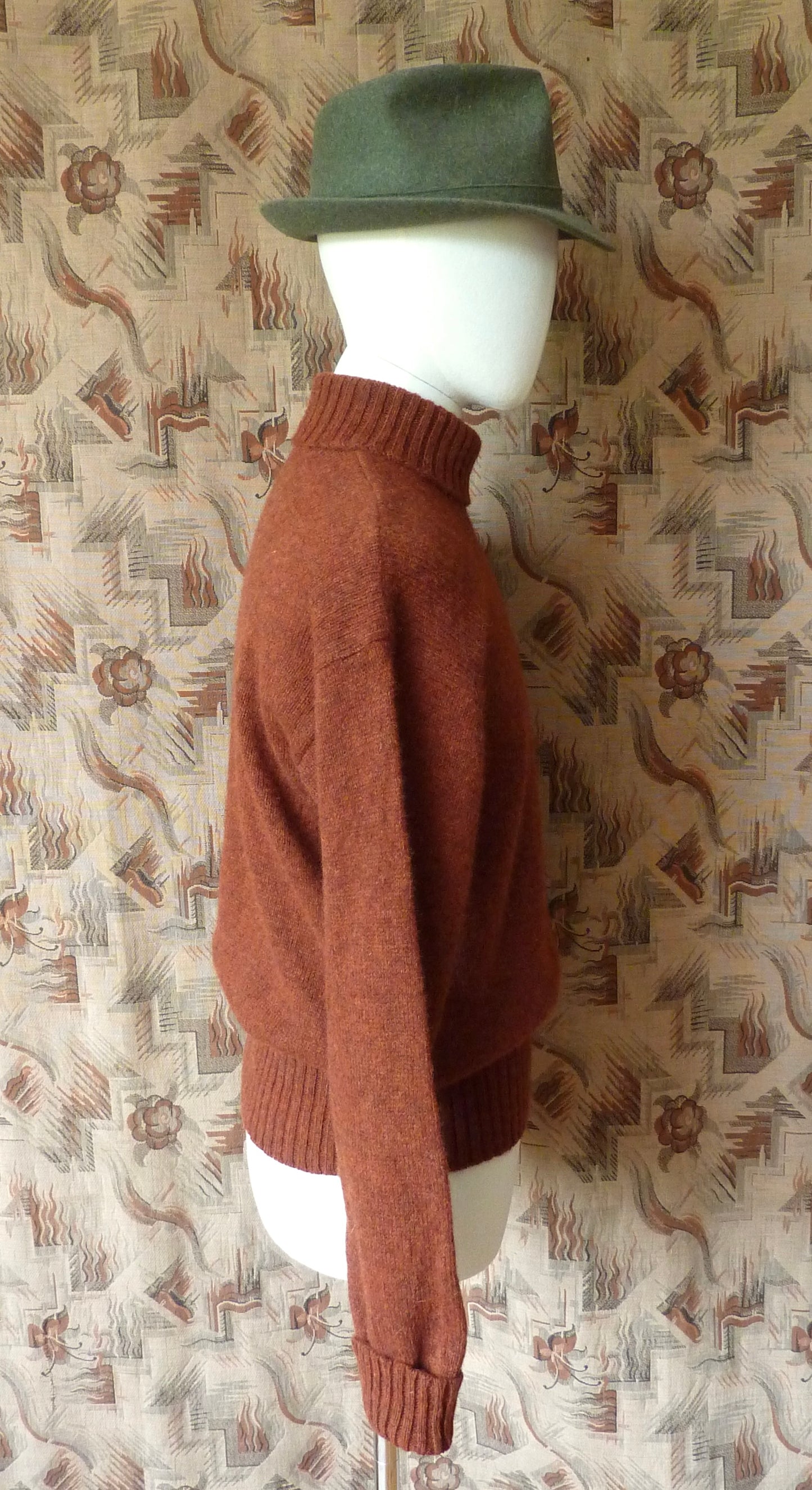 Old Fashioned Garments Vintage Reproduction 1940s Mens Roll Neck Jumper Rust Melange Polo Turtle Sweater L