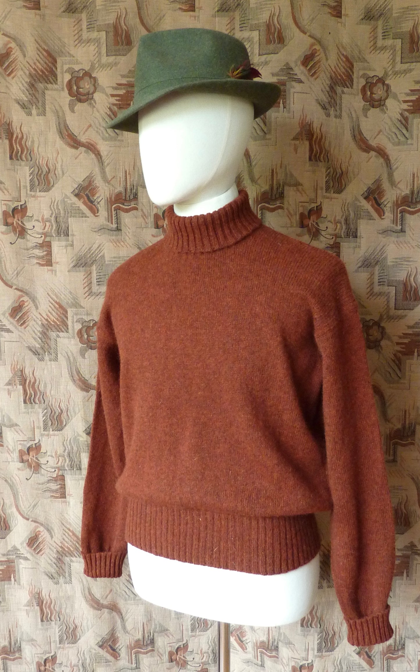 Old Fashioned Garments Vintage Reproduction 1940s Mens Roll Neck Jumper Rust Melange Polo Turtle Sweater L