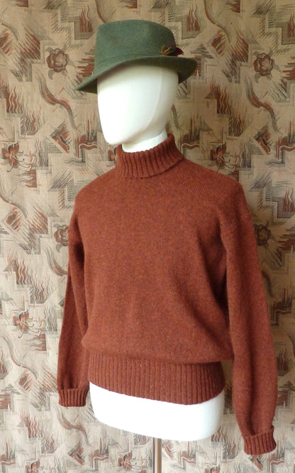 Old Fashioned Garments Vintage Reproduction 1940s Mens Roll Neck Jumper Rust Melange Polo Turtle Sweater L