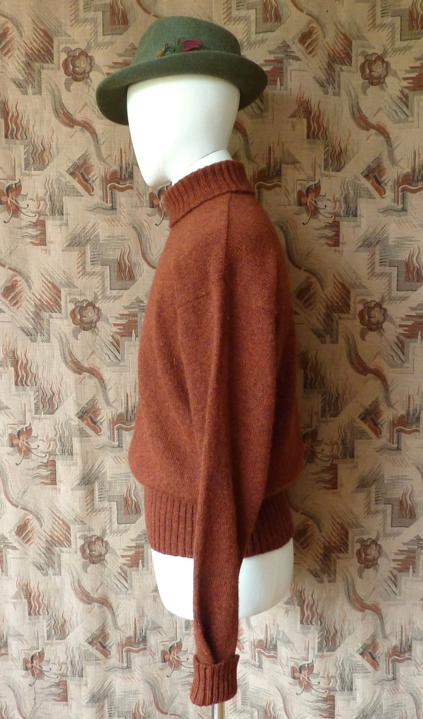Old Fashioned Garments Vintage Reproduction 1940s Mens Roll Neck Jumper Rust Melange Polo Turtle Sweater L