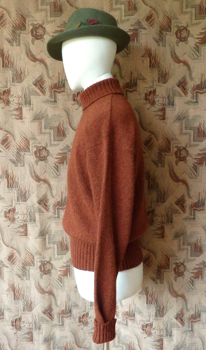 Old Fashioned Garments Vintage Reproduction 1940s Mens Roll Neck Jumper Rust Melange Polo Turtle Sweater L