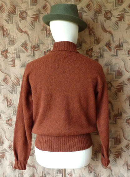 Old Fashioned Garments Vintage Reproduction 1940s Mens Roll Neck Jumper Rust Melange Polo Turtle Sweater L