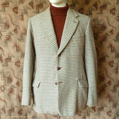 Vintage Mens 1950s Bespoke Harris Tweed Sports Jacket Green Brown Cream Houndstooth Shepherd Check 40"