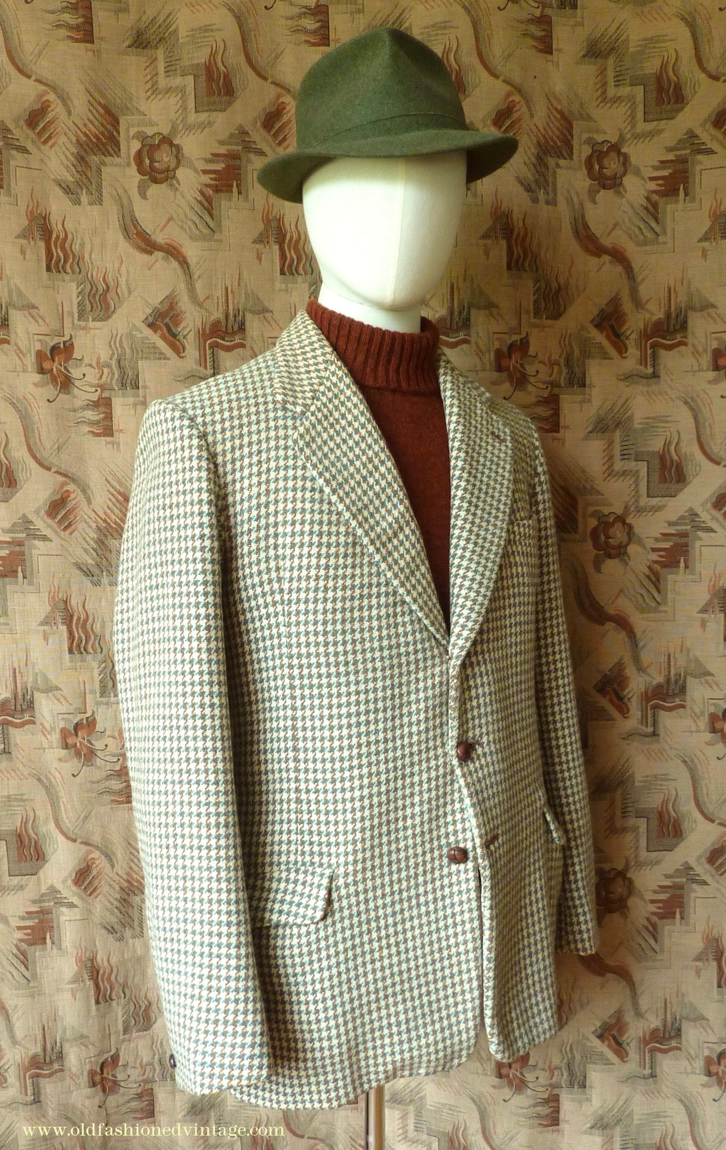 Vintage Mens 1950s Bespoke Harris Tweed Sports Jacket Green Brown Cream Houndstooth Shepherd Check 40"