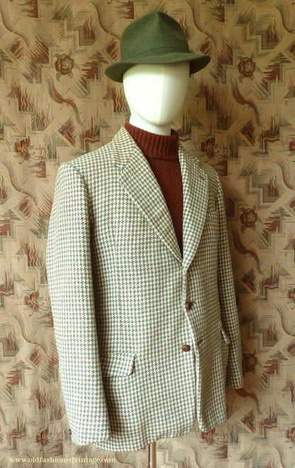 Vintage Mens 1950s Bespoke Harris Tweed Sports Jacket Green Brown Cream Houndstooth Shepherd Check 40"