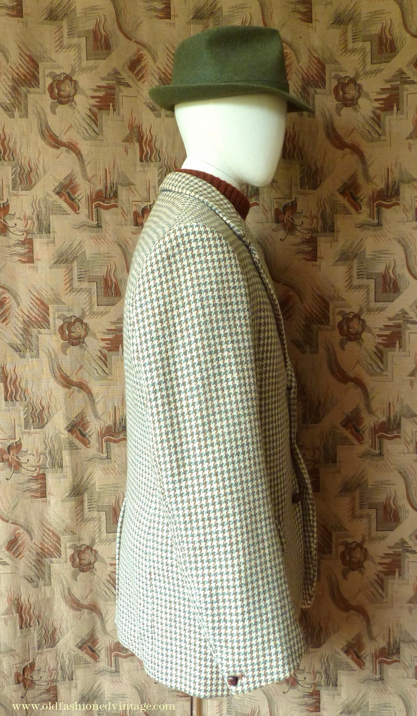 Vintage Mens 1950s Bespoke Harris Tweed Sports Jacket Green Brown Cream Houndstooth Shepherd Check 40"