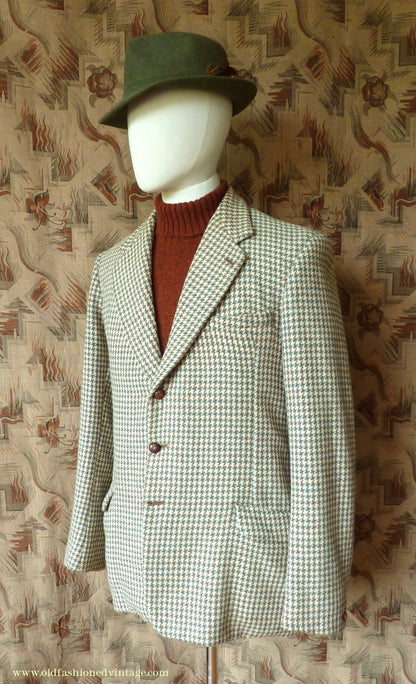 Vintage Mens 1950s Bespoke Harris Tweed Sports Jacket Green Brown Cream Houndstooth Shepherd Check 40"