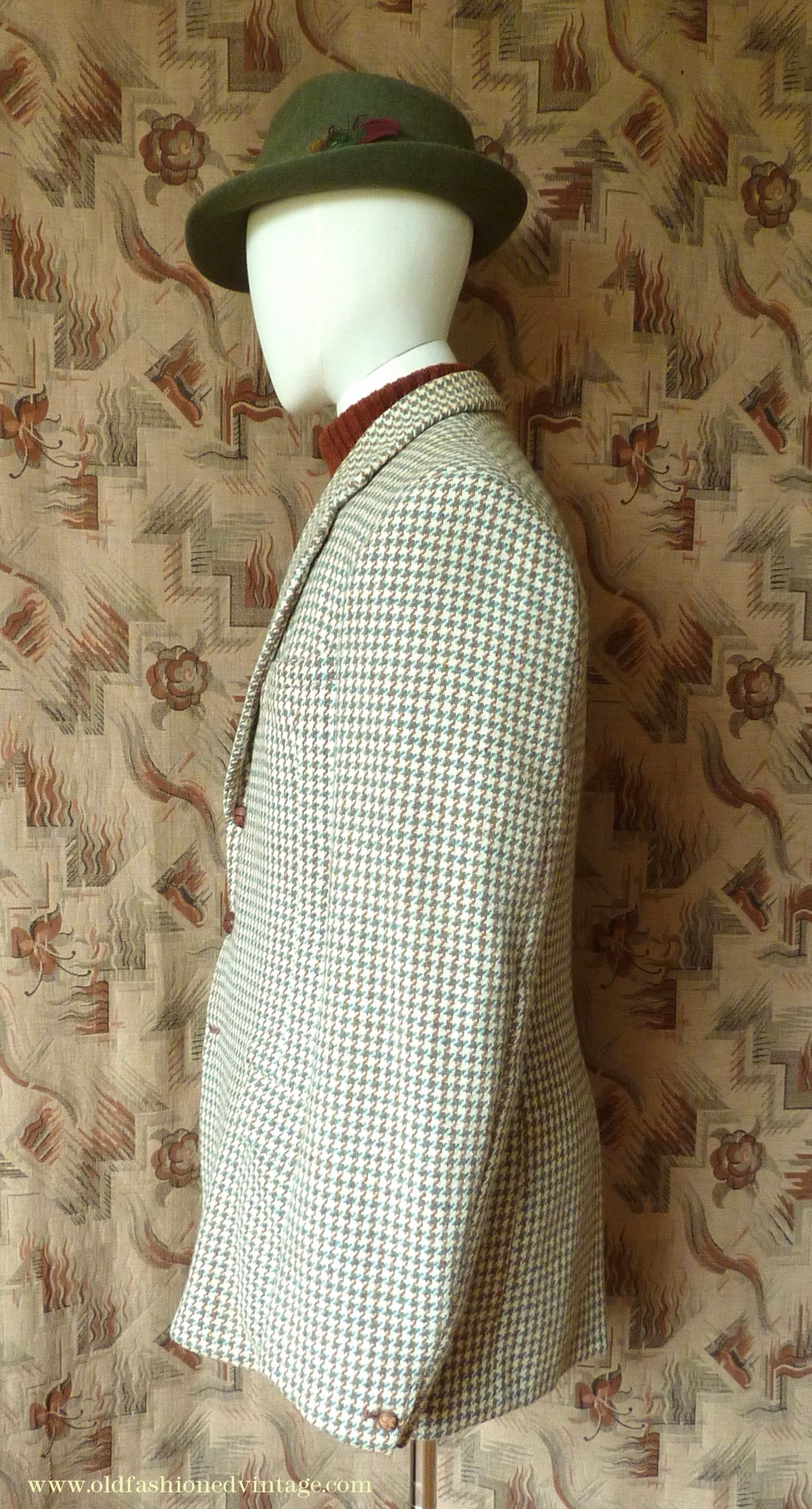 Vintage Mens 1950s Bespoke Harris Tweed Sports Jacket Green Brown Cream Houndstooth Shepherd Check 40"
