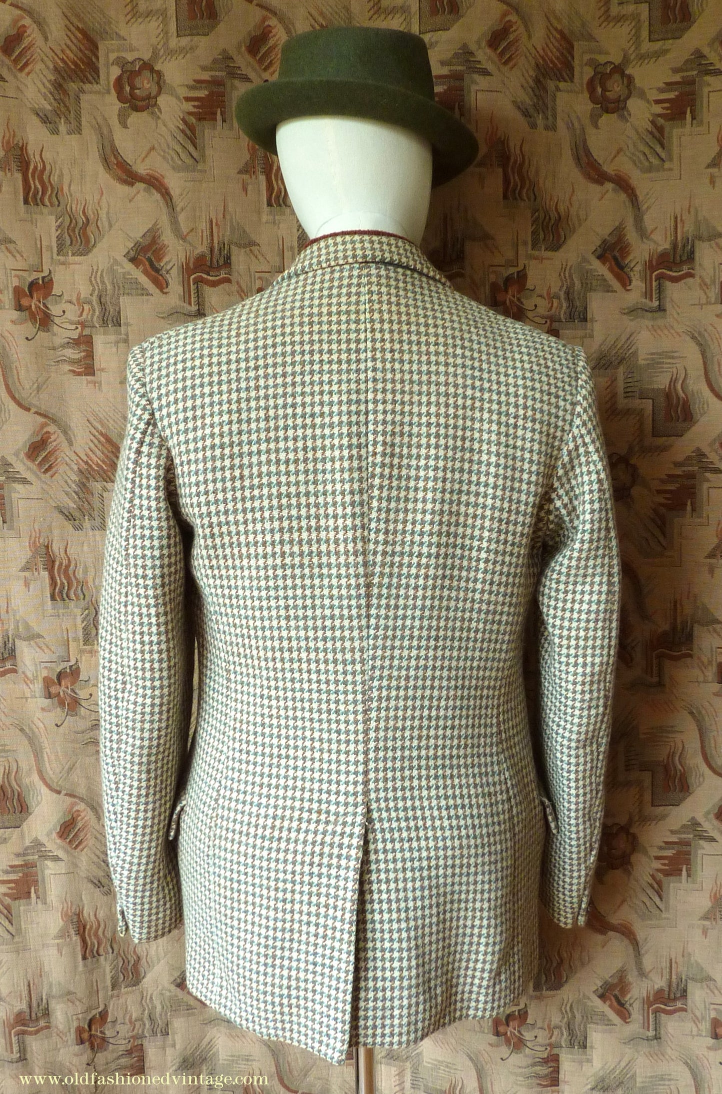 Vintage Mens 1950s Bespoke Harris Tweed Sports Jacket Green Brown Cream Houndstooth Shepherd Check 40"