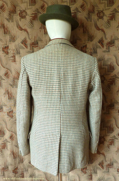 Vintage Mens 1950s Bespoke Harris Tweed Sports Jacket Green Brown Cream Houndstooth Shepherd Check 40"