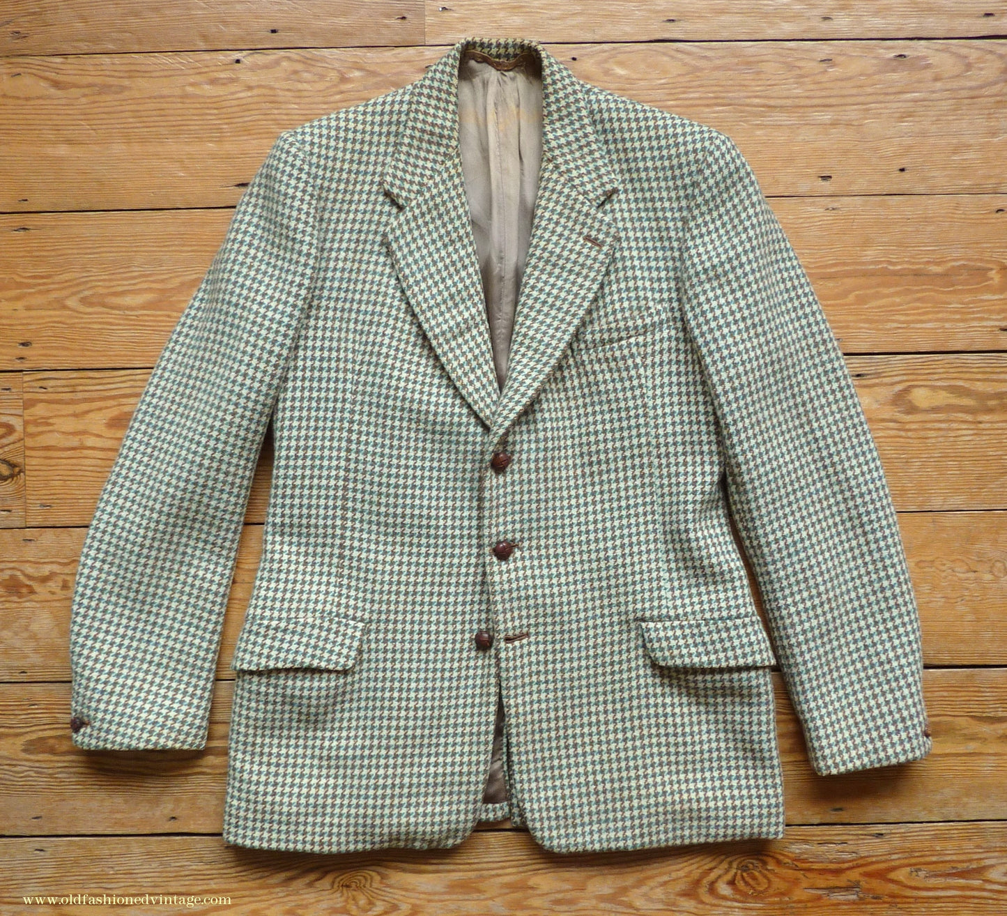 Vintage Mens 1950s Bespoke Harris Tweed Sports Jacket Green Brown Cream Houndstooth Shepherd Check 40"