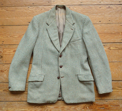 Vintage Mens 1950s Bespoke Harris Tweed Sports Jacket Green Brown Cream Houndstooth Shepherd Check 40"