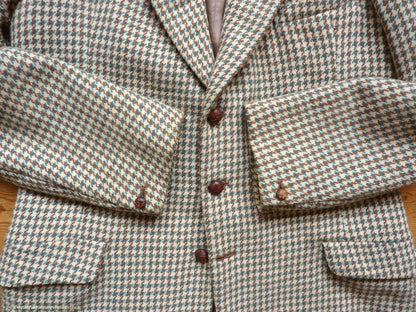 Vintage Mens 1950s Bespoke Harris Tweed Sports Jacket Green Brown Cream Houndstooth Shepherd Check 40"