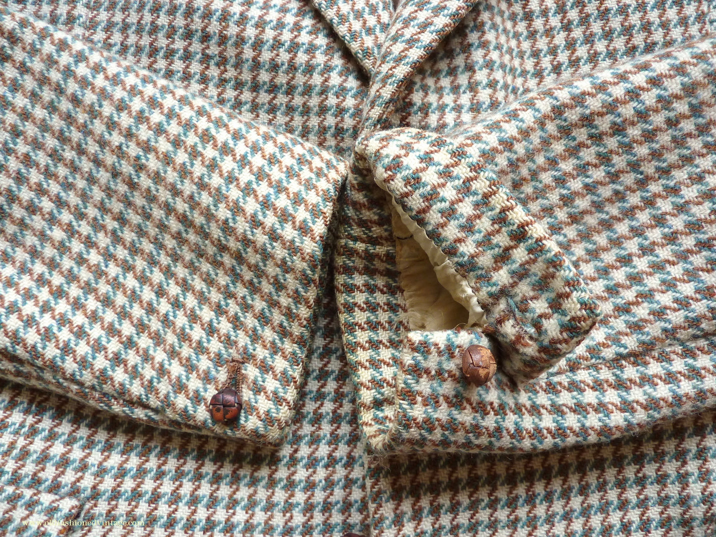 Vintage Mens 1950s Bespoke Harris Tweed Sports Jacket Green Brown Cream Houndstooth Shepherd Check 40"