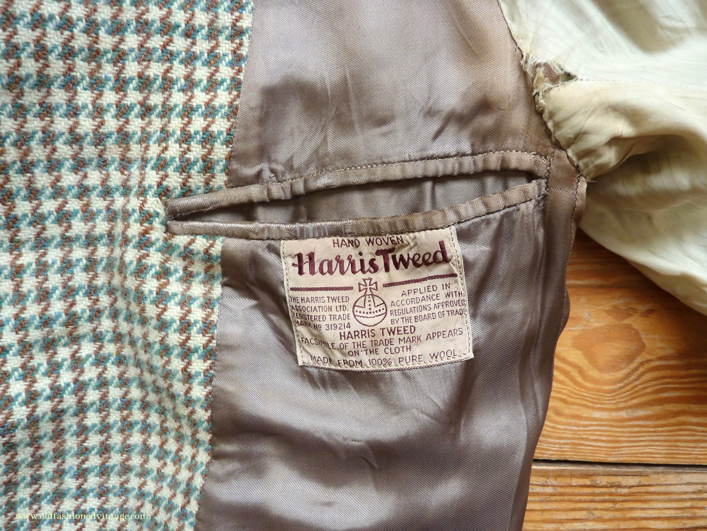 Vintage Mens 1950s Bespoke Harris Tweed Sports Jacket Green Brown Cream Houndstooth Shepherd Check 40"