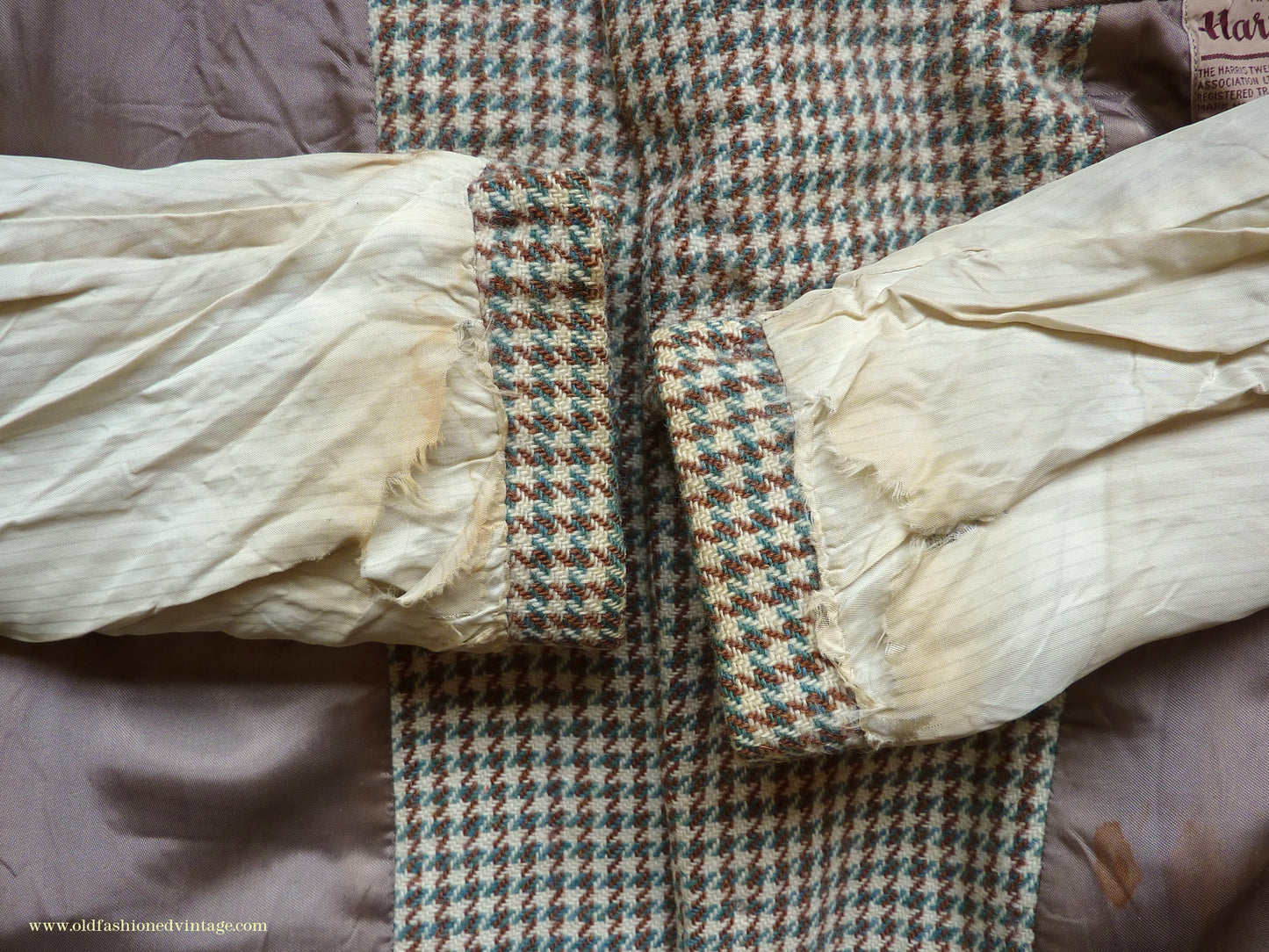 Vintage Mens 1950s Bespoke Harris Tweed Sports Jacket Green Brown Cream Houndstooth Shepherd Check 40"