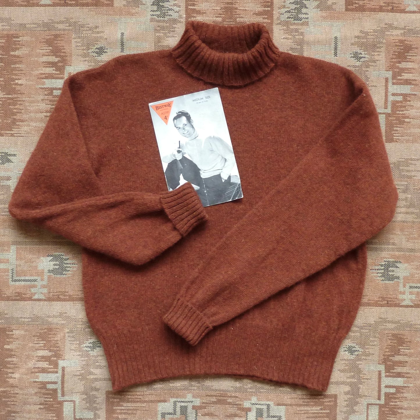 Old Fashioned Garments Vintage Reproduction 1940s Mens Roll Neck Jumper Rust Melange Polo Turtle Sweater L