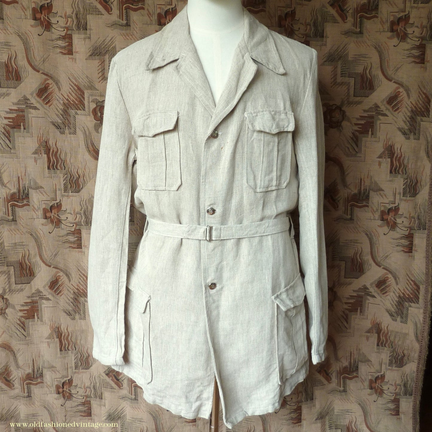 Vintage Mens 1960s 1970s Safari Jacket Belted Patch Pockets Military Style Oatmeal Flax Linen 40"