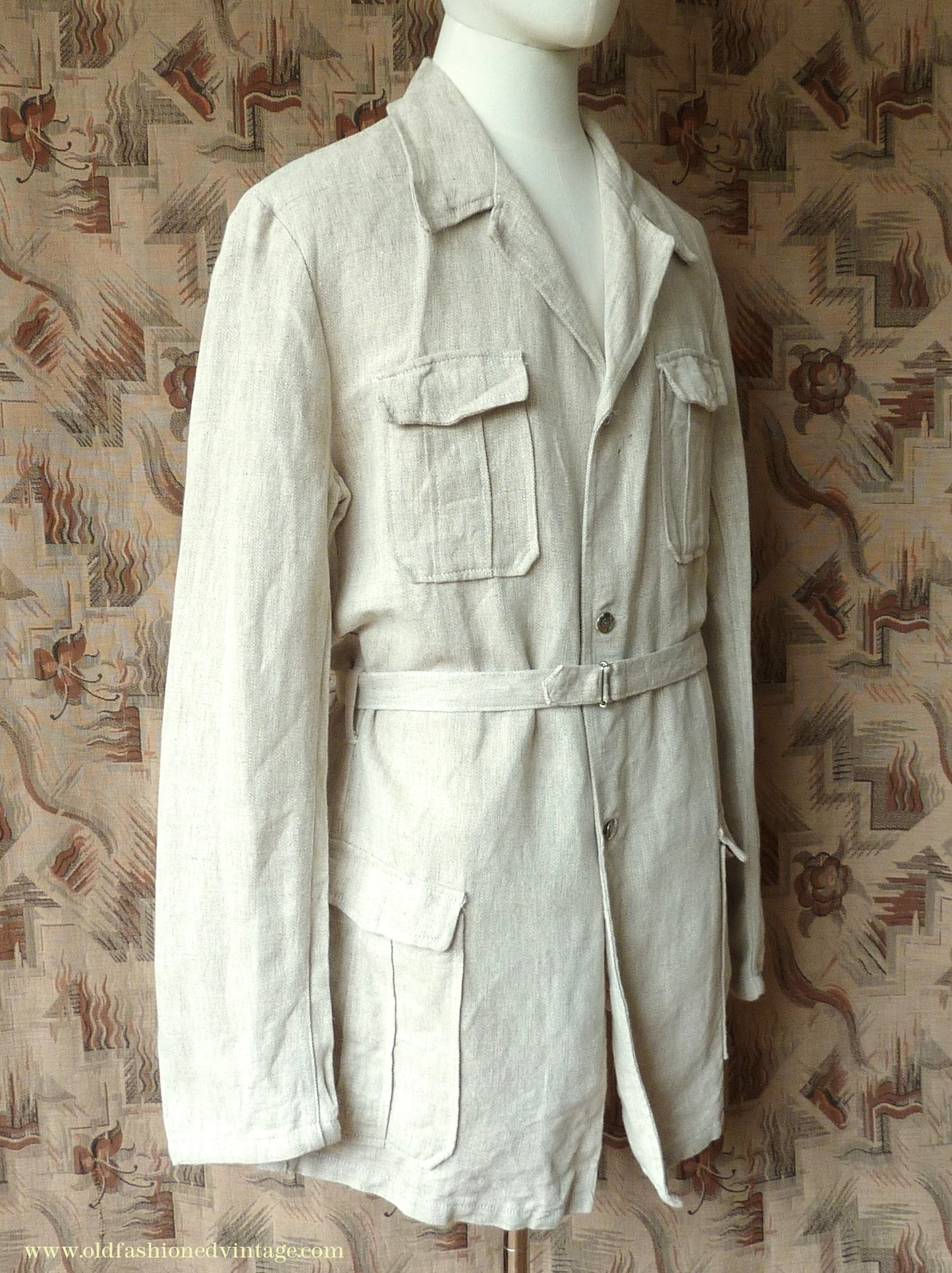 Vintage Mens 1960s 1970s Safari Jacket Belted Patch Pockets Military Style Oatmeal Flax Linen 40"