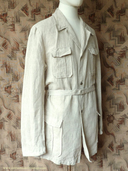 Vintage Mens 1960s 1970s Safari Jacket Belted Patch Pockets Military Style Oatmeal Flax Linen 40"