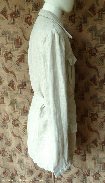 Vintage Mens 1960s 1970s Safari Jacket Belted Patch Pockets Military Style Oatmeal Flax Linen 40"