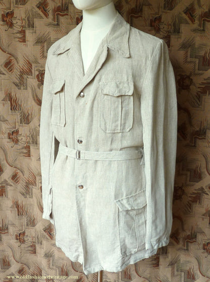 Vintage Mens 1960s 1970s Safari Jacket Belted Patch Pockets Military Style Oatmeal Flax Linen 40"