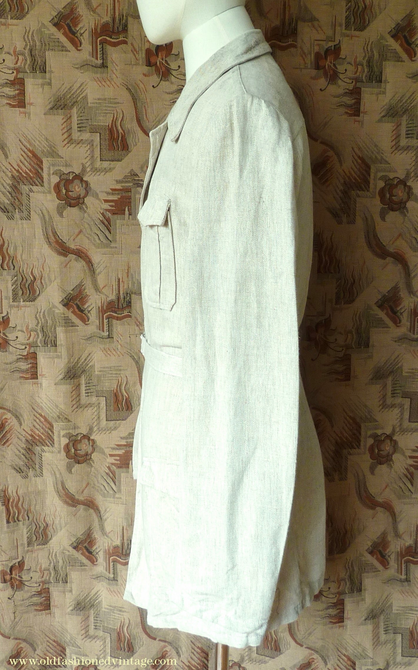 Vintage Mens 1960s 1970s Safari Jacket Belted Patch Pockets Military Style Oatmeal Flax Linen 40"